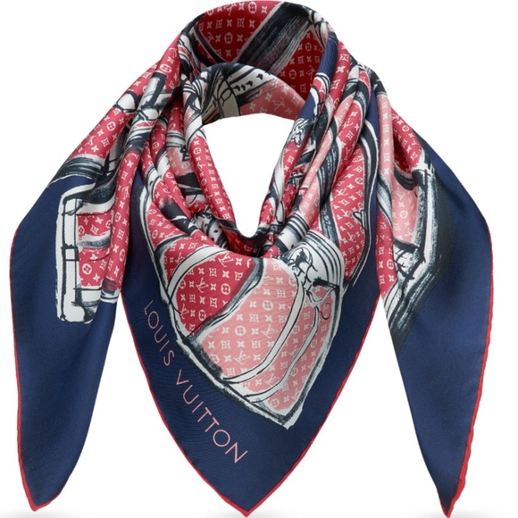 Louis Vuitton Scarf Trunks Luggage Monogram Blue Red Silk Wrap - Picture 1 of 15